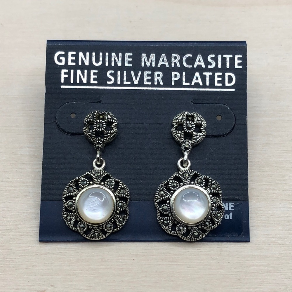 Fine silver plated MoP marcasite earrings dangle drop dressy formal cocktail.